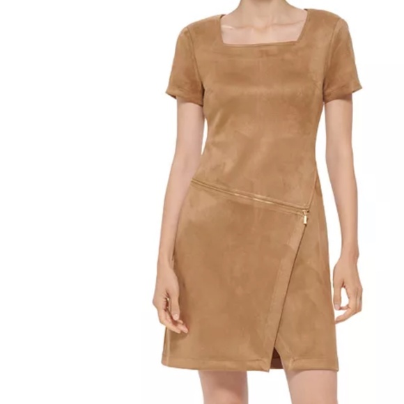 Camel Faux Suede Mini Dress – Square Neck Zip Detail Short Sleeve Calvin Klein - Picture 3 of 5